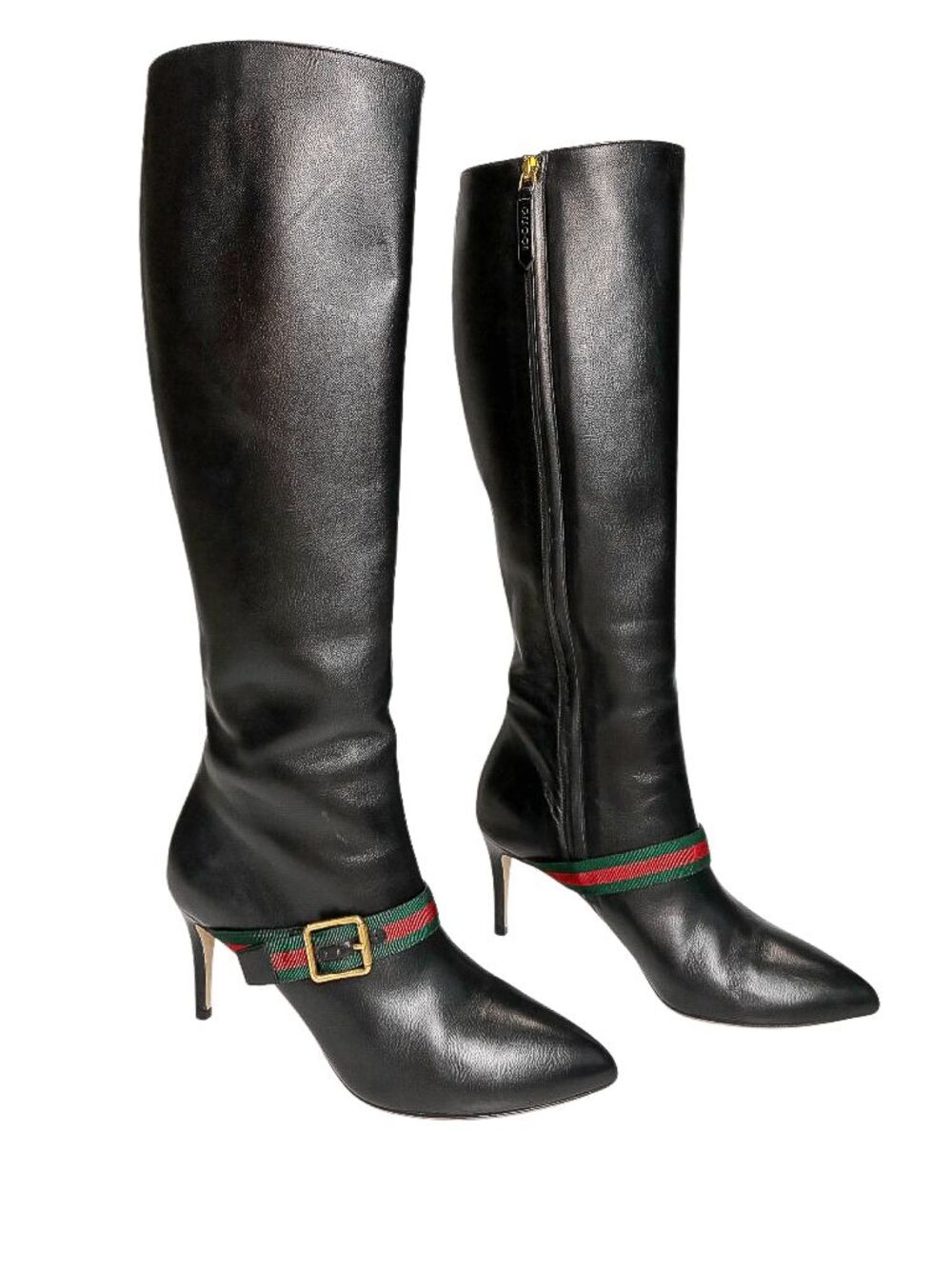 Gucci Charlotte Web Stripe Sylvie Knee High Boots Heeled Black Nappa EU 37